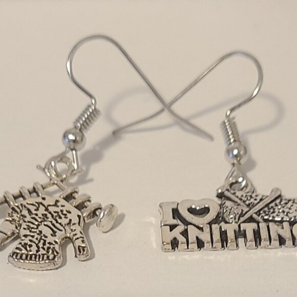 Handmade Dangle Knitters Silver Tone Earrings. Casual. .5" from earlobe. - Picture 3 of 3